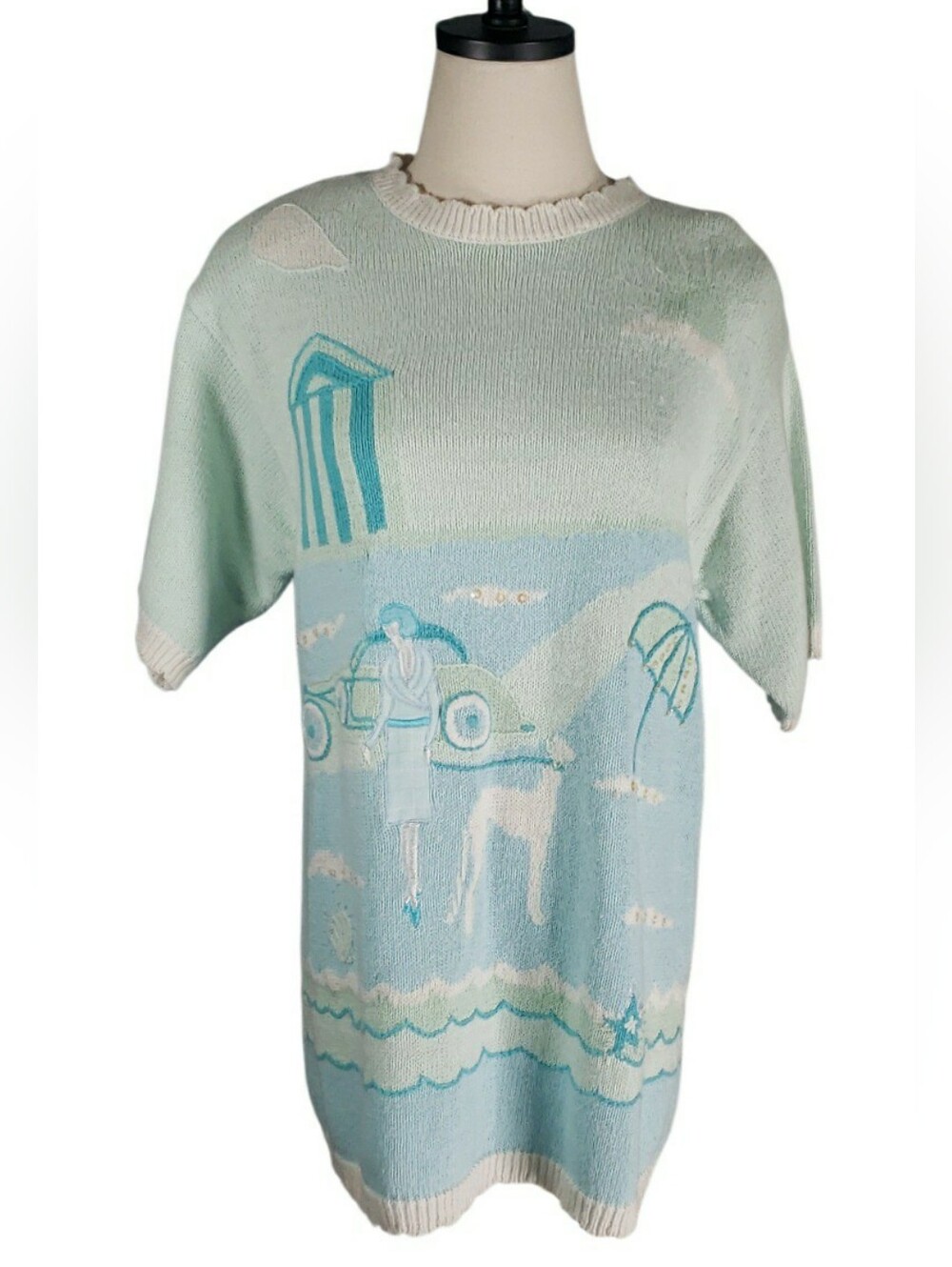 Vintage 20's Seaside Novelty Womens Scallop Neck Hem Sweater Car Greyhound Ocean